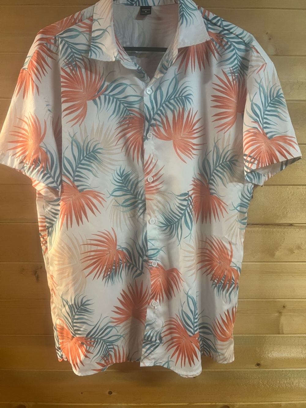 Casual Short Sleeve Button-Down Shirt Hawaiian Coral & Teal Palm Print